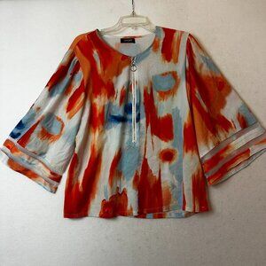 Chicme blouse sz XL 3/4 zip flare sheer sleeves watercolor orange resortwear‎